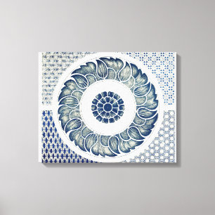 Blue White Floral Chinese Round Canvas Afdruk