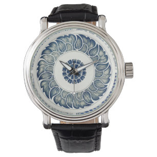 Blue White Floral Chinese Round Horloge