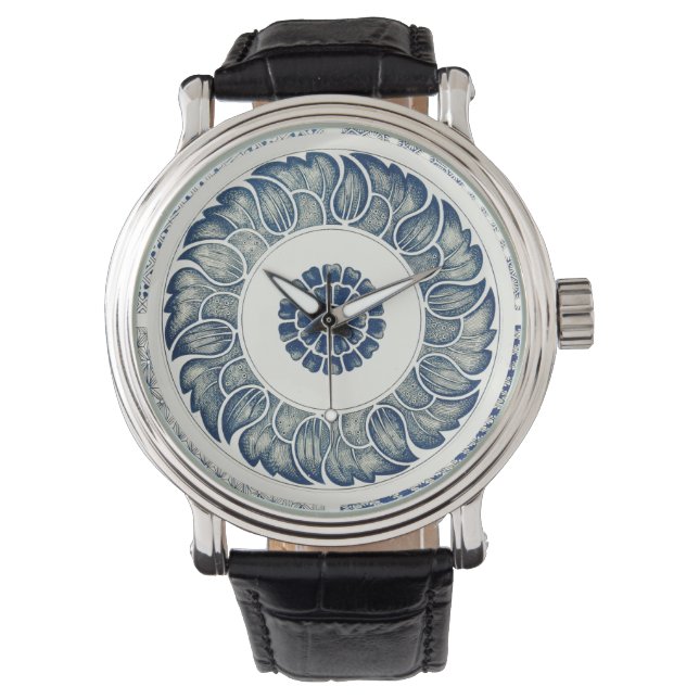 Blue White Floral Chinese Round Horloge (Voorkant)