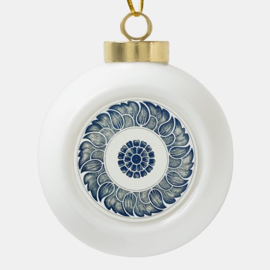 Blue White Floral Chinese Round Keramische Bal Ornament (Voorkant)