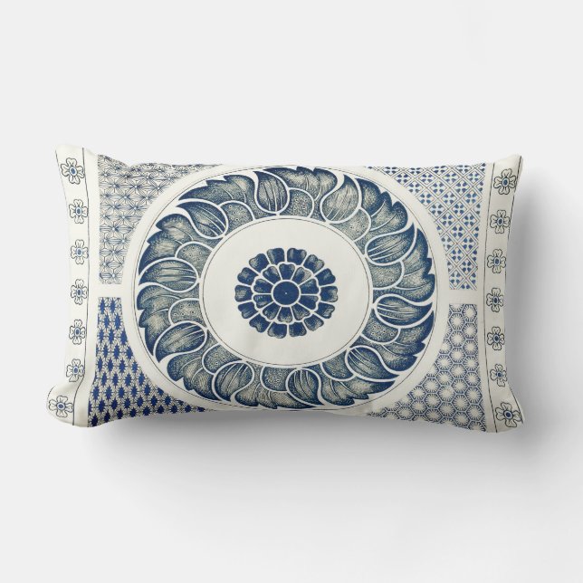 Blue White Floral Chinese Round Kussen (Voorkant)