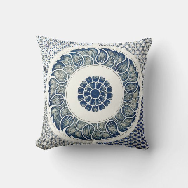 Blue White Floral Chinese Round Kussen (Voorkant)