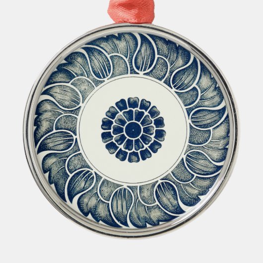 Blue White Floral Chinese Round Metalen Ornament (Voorkant)