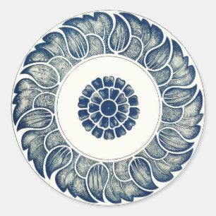 Blue White Floral Chinese Round Ronde Sticker