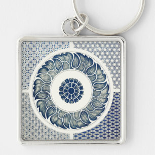 Blue White Floral Chinese Round Sleutelhanger