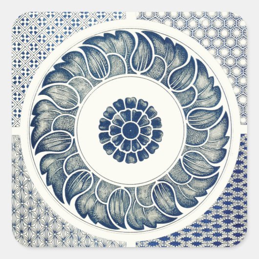 Blue White Floral Chinese Round Vierkante Sticker (Voorkant)