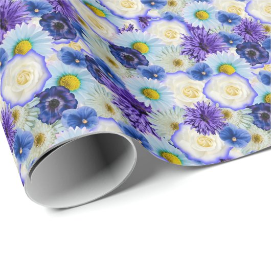 Blue White Floral Collage Vrijgezellenfeest Party Cadeaupapier (Rol Hoek)