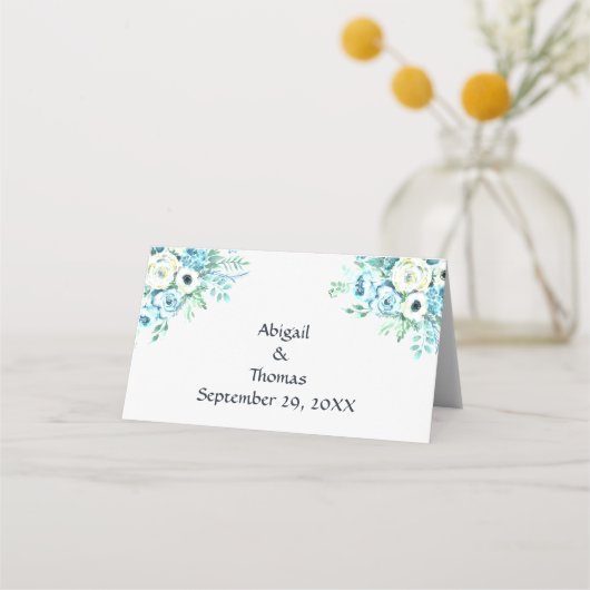 Blue White Floral Elegant Wedding Place Card Plaatskaartje (Achterkant)