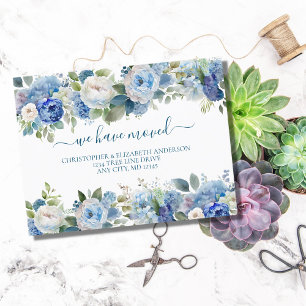 Blue White Floral Flowers Script Moving Aankondigingskaart