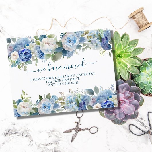 Blue White Floral Flowers Script Moving Aankondigingskaart