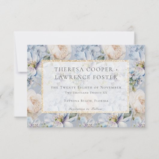 Blue & White Floral Gold Lijst Wedding Save Save The Date (Achterkant)