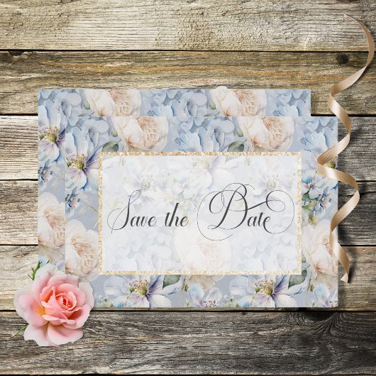 Blue & White Floral Gold Lijst Wedding Save The Date