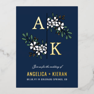 Blue White Floral Greenery Monogram Wedding Folie Uitnodiging Briefkaart