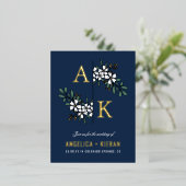 Blue White Floral Greenery Monogram Wedding Folie Uitnodiging Briefkaart (Staand Voorkant)