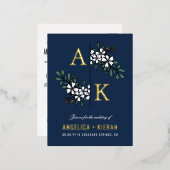 Blue White Floral Greenery Monogram Wedding Folie Uitnodiging Briefkaart (Voorkant / Achterkant)