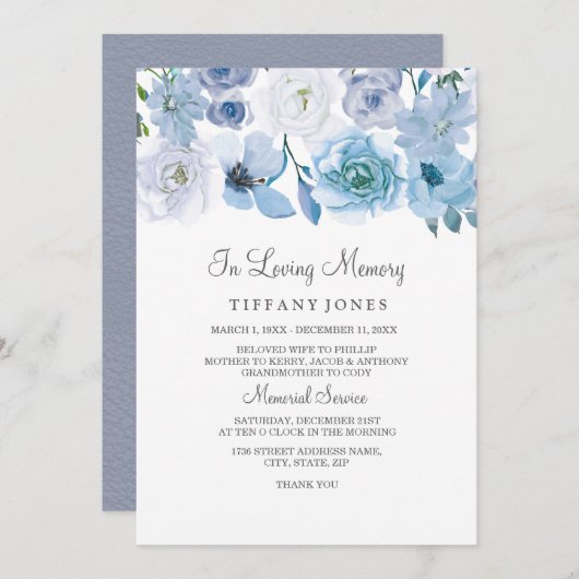 Blue White Floral in Loving Memory Service Invite Programmakaart (Voorkant / Achterkant)
