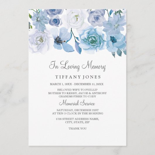 Blue White Floral in Loving Memory Service Invite Programmakaart (Voorkant)