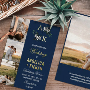 Blue White Floral Monogram Foto's Wedding Gold Foi Folie Uitnodiging