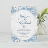 Blue White Floral Seashell Coastal Beach Wedding Kaart (Staand voorkant)