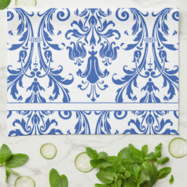 Blue White Floral Swirls Damask Monogram Theedoek