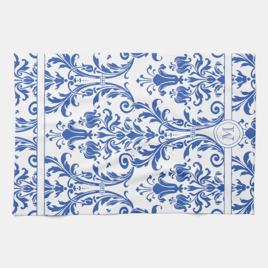 Blue White Floral Swirls Damask Monogram Theedoek (Horizontaal)