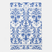 Blue White Floral Swirls Damask Monogram Theedoek (Verticaal)