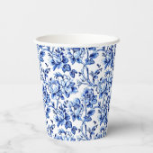Blue & White Floral Toile with Calligraphy Wedding Papieren Bekers (Achterkant)