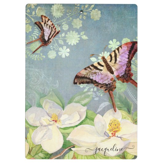 Blue White Floral Waterverf Butterfly Magnolias Klembord (Achterkant)