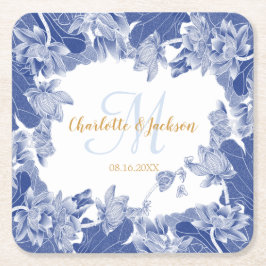Blue White Floral Wedding Couple Name Kartonnen Onderzetters