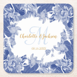 Blue White Floral Wedding Couple Name Kartonnen Onderzetters