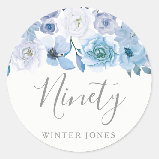 Blue White Flowers 90th Birthday Party Sticker (Voorkant)
