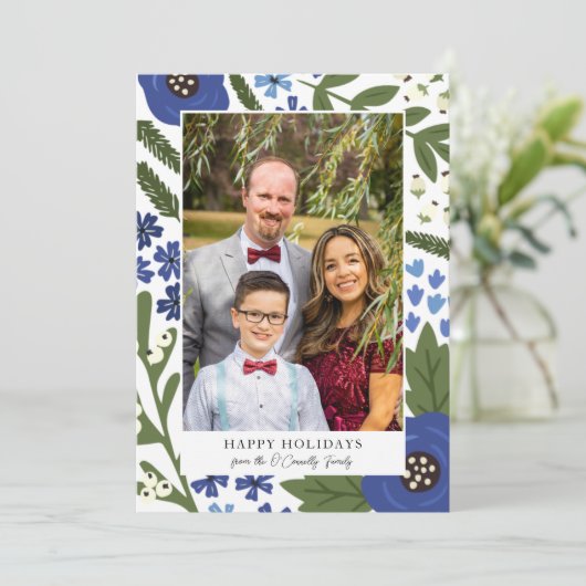 Blue White Flowers & Berries Prettige feestdagen F Feestdagenkaart (Staand voorkant)