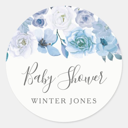 Blue White Flowers Boy of girl Baby shower Favor Ronde Sticker (Voorkant)
