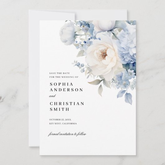Blue & White Flowers Bruiloft Save The Date Kaart (Voorkant)