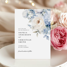 Blue & White Flowers Bruiloft Save The Date Kaart