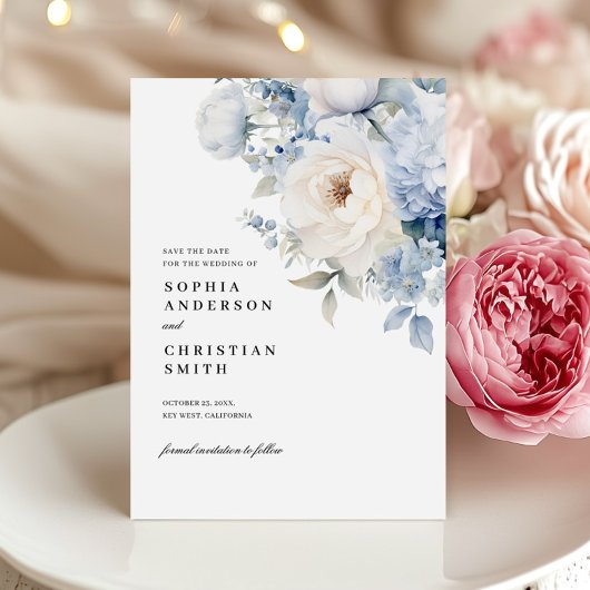 Blue & White Flowers Bruiloft Save The Date Kaart