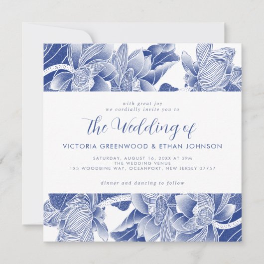 Blue White Flowers Chinoiserie Chic Square Wedding Kaart (Voorkant)