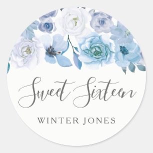 Blue White Flowers Sweet 16 Party Favor Seal Ronde Sticker