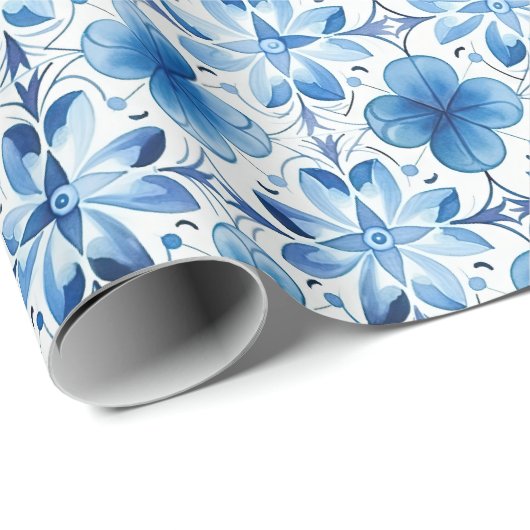 Blue White Flowers Vrijgezellenfeest Cadeaupapier (Rol Hoek)