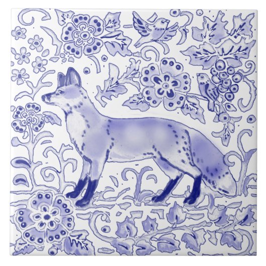 Blue White Fox Bird Woodland Farmhouse Rustic Art Tegeltje (Voorkant)