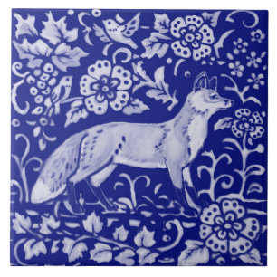 Blue White Fox Bird Woodland Farmhouse Rustic Art  Tegeltje