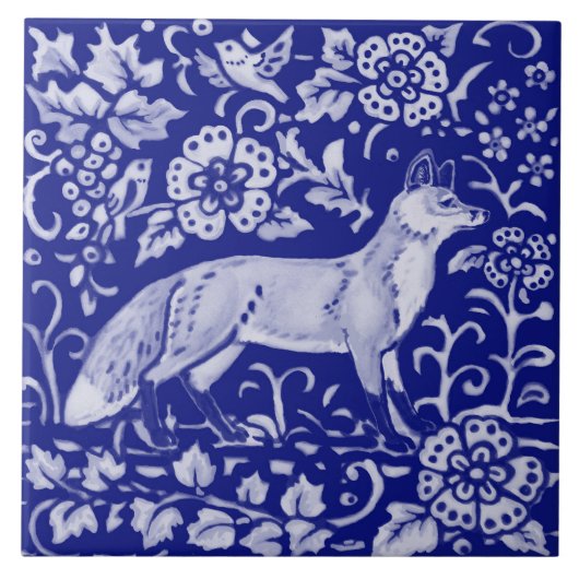 Blue White Fox Bird Woodland Farmhouse Rustic Art  Tegeltje (Voorkant)