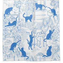 Blue White French Cat Paris Cafe Shower Curtain Douchegordijn