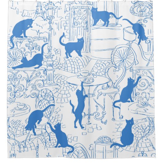 Blue White French Cat Paris Cafe Shower Curtain Douchegordijn (Voorkant)