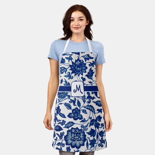 Blue White French Country All Over Print Apron Schort (Gedragen)