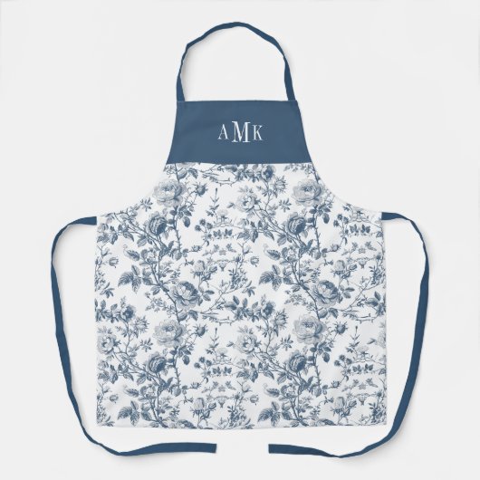 Blue White French Toile Monogram Apron Schort (Voorkant)