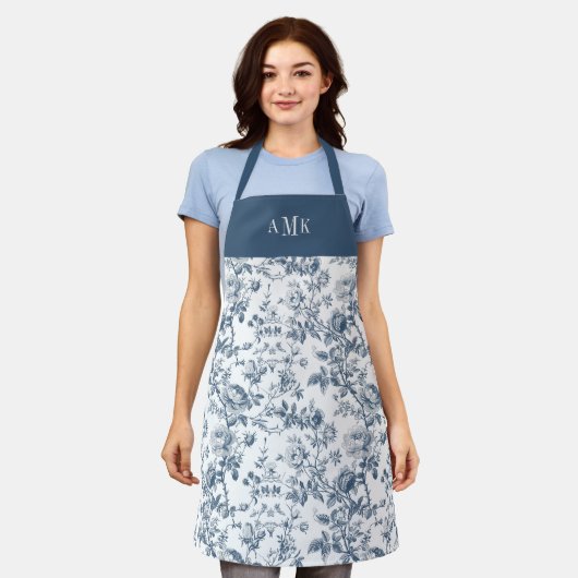Blue White French Toile Monogram Apron Schort (Gedragen)