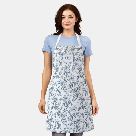 Blue White French Toile Monogram Apron Schort (Gedragen)