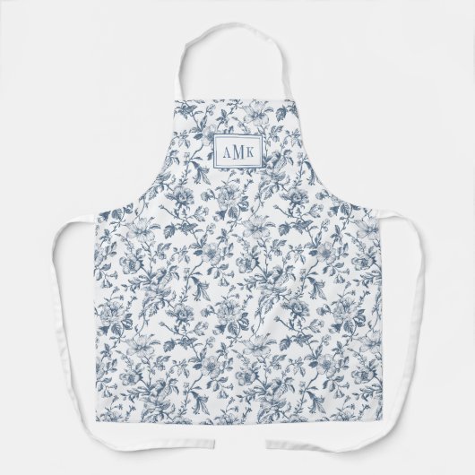 Blue White French Toile Monogram Apron Schort (Voorkant)