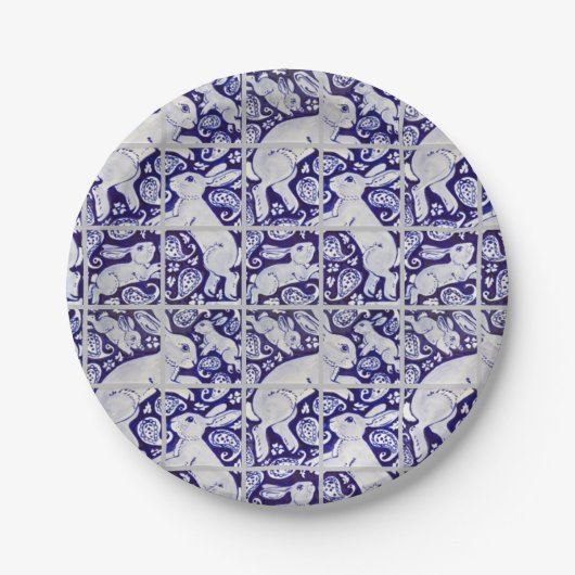 Blue White Fun Bunny Rabbit Tile Paisley Garden Papieren Bordje (Voorkant)